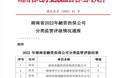 財鑫擔(dān)保榮獲2022年湖南金融監(jiān)管評級A級