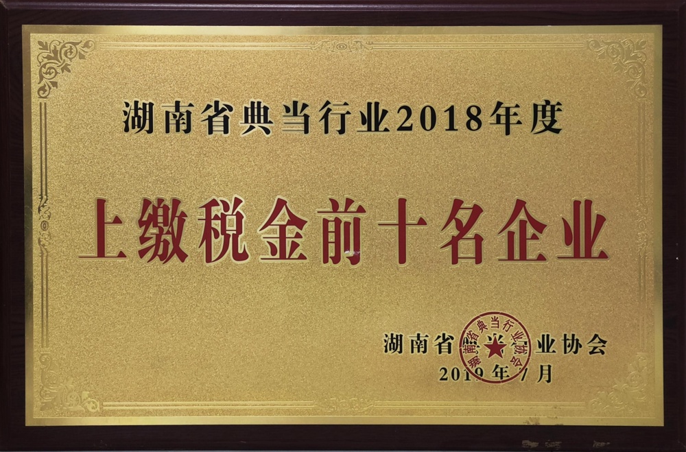 湖南省典當行業(yè)2018年度上繳稅金前十名企業(yè)