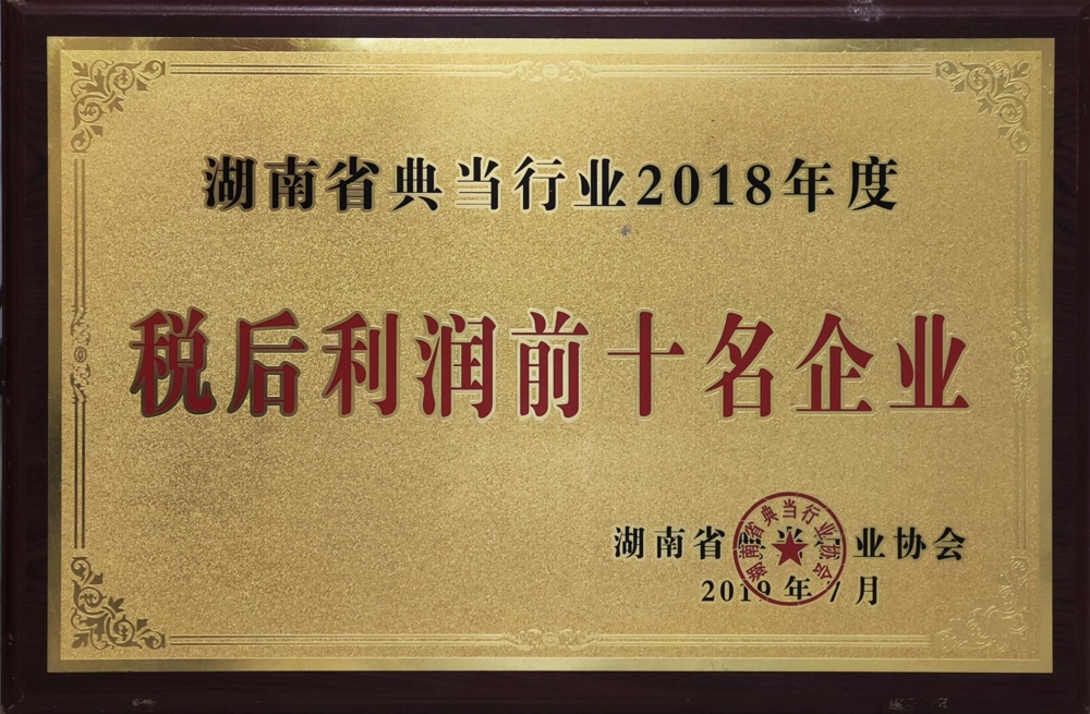 湖南省典當行業(yè)2018年度稅后利潤前十名企業(yè)