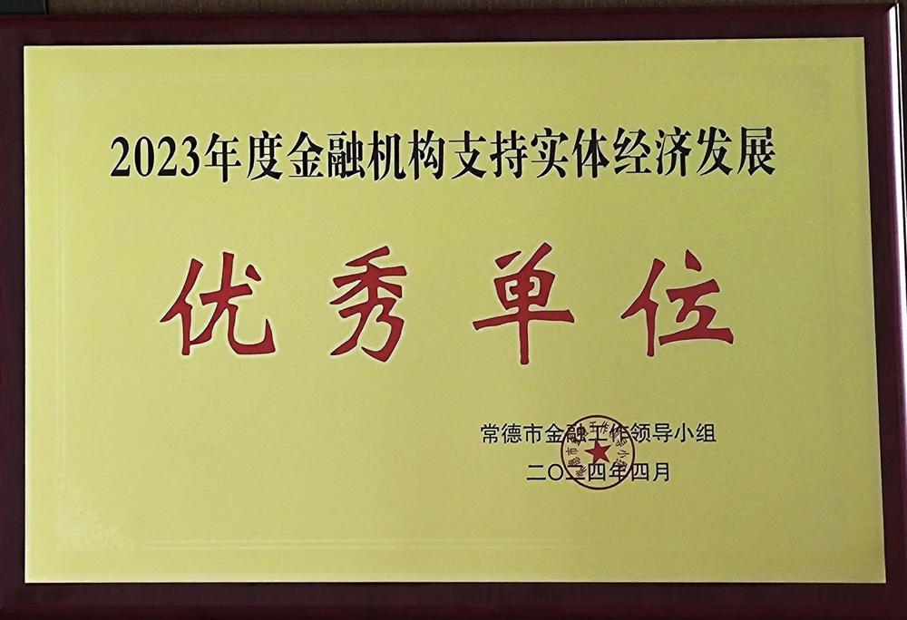 6號 2024.04 2023年度金融機(jī)構(gòu)支持地方經(jīng)濟(jì)發(fā)展優(yōu)秀單位——優(yōu)秀單位：“7+4”類地方金融機(jī)構(gòu) （一）融資擔(dān)保機(jī)構(gòu)：常德財鑫擔(dān)保有限公司、常德財科擔(dān)保有限公司；（二）常德雙鑫小額貸款股份有限公司：雙鑫小貸；（三）典當(dāng)公司：常德財鑫典當(dāng)有限公司。注：常德市金融工作領(lǐng)導(dǎo)小組頒發(fā)